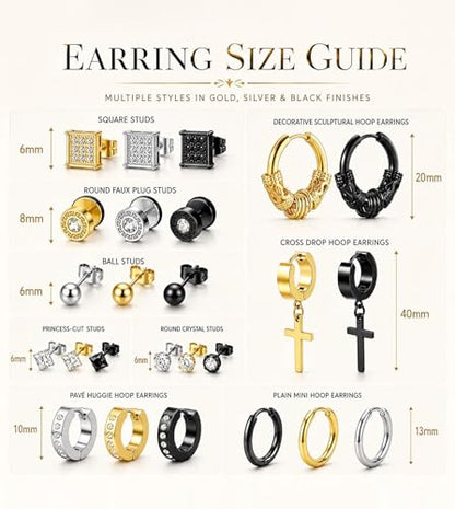 25 Pairs Earrings Set for Men and Women, Black Silver 14K Gold-Plated Mixed Earring Studs Kit Fashion Ear Piercing Jewelry Cross Dangle Hoop