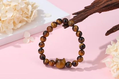 XIANNVXI Crystal Bracelet for Women Men 8 mm Natural Stone Beaded Bracelets Cat Bracelets Cross Bracelets Heart Bracelelt Jewelry for Women Birthday Gifts Stretch Bracelet - color: Yellow - Tiger Eye