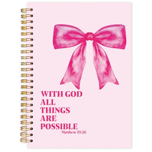 FDHSPAAM Coquette Pink Bow Christian Spiral Journal Notebook 5.5x8.3in, with God All Things Are Possible Inspirational Prayer Journal for Woman, Inspirational Bible Notebooks for Note Taking - color: Bule-Pink Bow