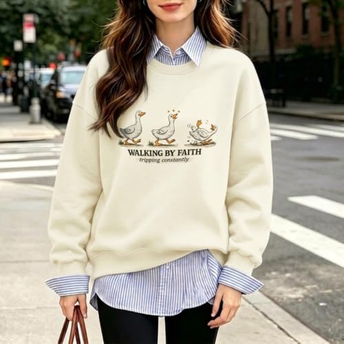Silly Goose Christian Sweatshirts for Women Walking by Faith Tripping Constantly Sweatshirt Cute Graphic Crewneck - color: Apricot, size: X-Large