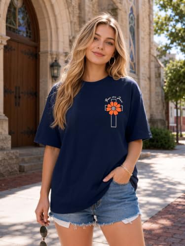Christian Shirts Women Oversized Jesus God T Shirts Bible Verse Tees Tops - color: A-navy, size: X-Large