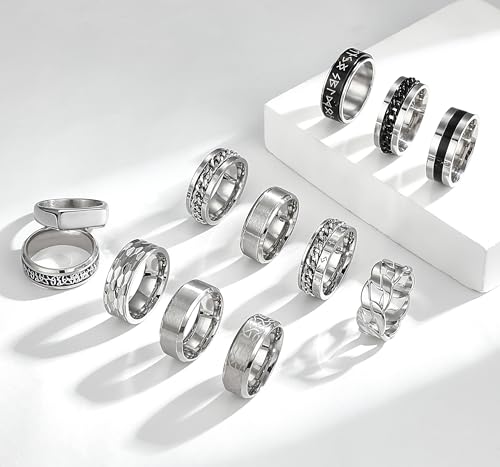 EIELO 12Pcs Mens Stainless Steel Rings Cool Silvery Black Band Ring for Men Women Spinner Chain Fidget Ring Simple Wedding Engagement Ring Set Size7-12