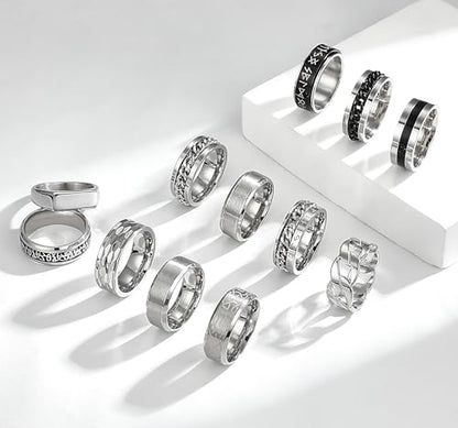 EIELO 12Pcs Mens Stainless Steel Rings Cool Silvery Black Band Ring for Men Women Spinner Chain Fidget Ring Simple Wedding Engagement Ring Set Size7-12