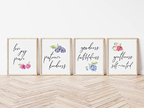 Eden View Home Fruit of the Spirit Wall Art. Galations 5 22-23 Unframed Bible Verse Wall Decor Prints Set of 4. Scripture Wall Art Inspirational Watercolor Religious Posters.