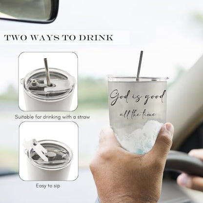 Coastal Beach Christian 20oz Travel Coffee Mug Tumbler, Christian Gifts for Women Men, God Is Good All the Time Bible Verse Stainless Steel Tumbler with Lid and Straw - color: good