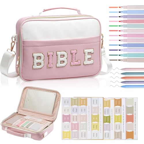 KOPKOFT Bible Cover Case for Women, Large Chenille Letter Leather Bible Case with Bible Study Accessories, Bible Study Supplies Bible Journaling Kit, Christmas Christian Gift for Women Girls (Pink) - color: Pink