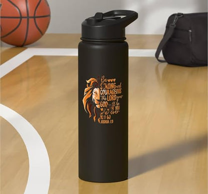 Christian Bible Verse Joshua 1:9 Lion Stainless Steel Insulated Water Bottle - color: Black