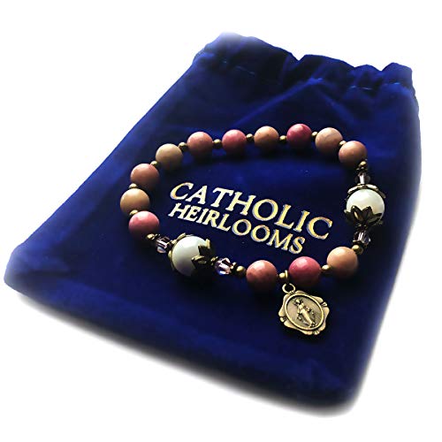 Pink Rhodonite and Mother of Pearl Stone Catholic Rosary Bracelet for Women with Virgin Mary Our Lady of Graces Medal Charm - Catholic Gifts Women