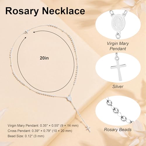 Rosary Cross Necklace for Women, Gold Plated Silver Black Virgin Mary Rosary Bead Necklace Catholic Jewelry - color: Silver
