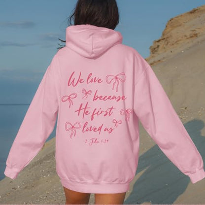 Christian Bow Hoodies for Women Cute Bow Print Sweatshirt Bible Verse Graphic Hoodie Religious Pullover Sweatshirts - color: Pink, size: Small