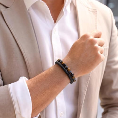 XIANNVXI Mens Tiger's Eye Beads Black Leather Bracelet Gift - color: Yellow, Gray, Black
