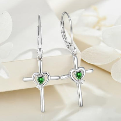 Cross Earrings 925 Sterling Silver Opal Crucifix Dangle Drop Earring Heart Birthstone Religious Jewelry for Women - color: 05-emerald-May
