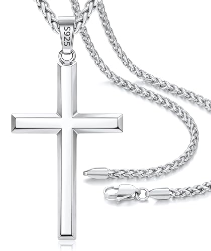 925 Sterling Silver Cross Necklace for Men, 14k Gold Plated Sterling Silver Cross Necklace with 3mm 316L Stainless Steel Wheat Chain Necklaces for Men Women 16-26 Inch - color: Silver, size: 16 Inch
