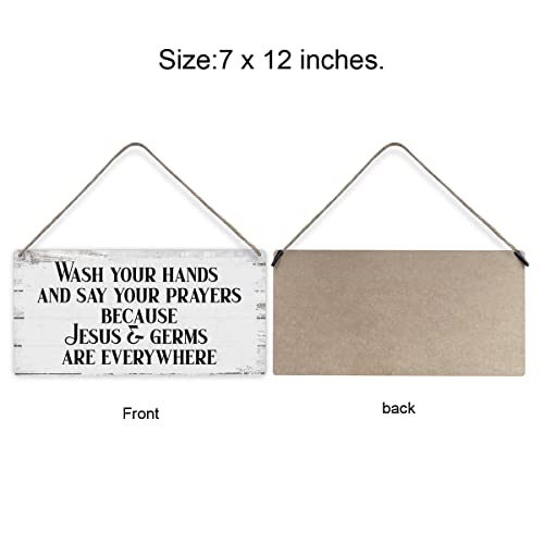 MIGUMUTU Wash Your Hands and Say Your Prayers Because Jesus & Germs Are Everywhere Sayings Home Wall Decor Wooden Signs Rustic Farmhouse Hanging Wall Plaque Sign Bathroom Gift - color: Wash hands