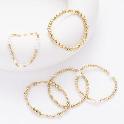 Gold Beaded Pearl Cross Bracelets Stackable Christian Stretch Jewelry Set - color: White