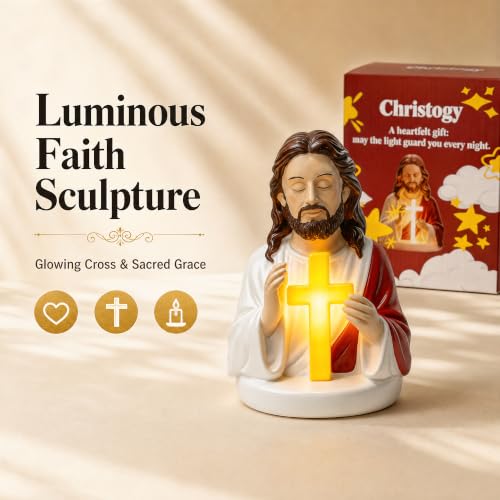 Sacred Jesus Cross Figurine LED Night Lamp, 6'' Resin Jesus Bust Statue with Illuminated Cross, Soft Warm Light Prayer Devotional Lamp,Gift for Baptism, Easter, Christmas, Housewarming - color: Red