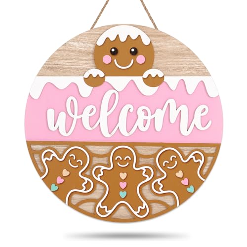 JarThenaAMCS Winter Welcome Door Sign Pink Brown snow Gingerbread Man Wooden Front Door Hanging Sign 3D Round Outdoor Hanger for Party Home Wall Porch Decorations, 12 Inch - style: Gingerbread Man
