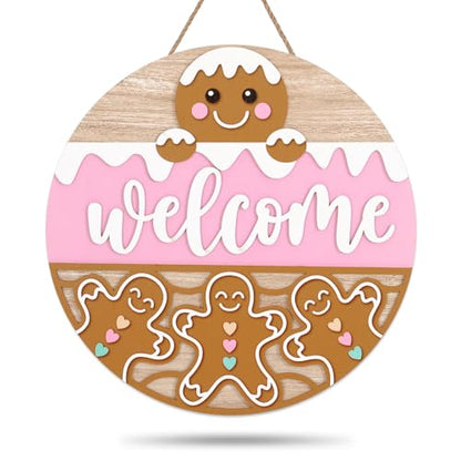 JarThenaAMCS Winter Welcome Door Sign Pink Brown snow Gingerbread Man Wooden Front Door Hanging Sign 3D Round Outdoor Hanger for Party Home Wall Porch Decorations, 12 Inch - style: Gingerbread Man