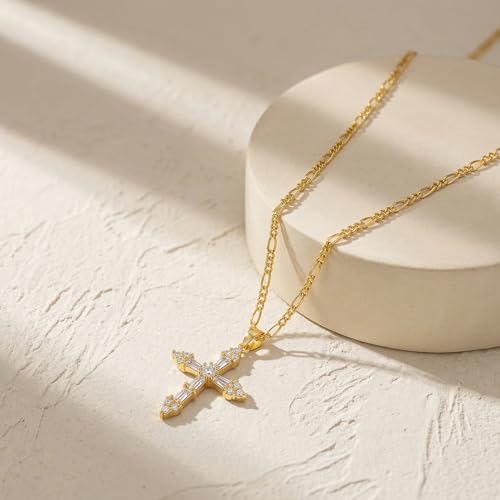 14K Gold Plated Cross Necklace for Women, Christian Jewelry - style: 4-CZ