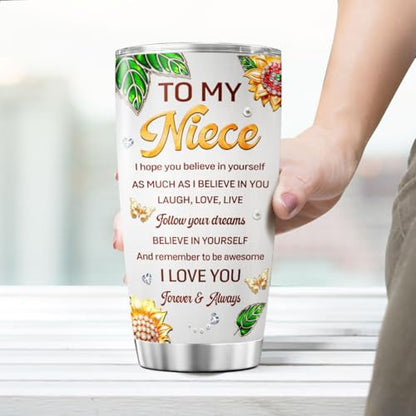 To My Niece 20oz Insulated Tumbler with Sunflower Design, Inspirational Birthday Gift for Niece from Aunt or Uncle, Stainless Steel Vacuum Cup for Graduation, Christmas, Valentine's Day - color: Niece Love
