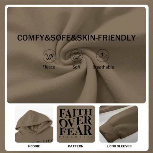 Faith Over Fear Christian Hoodies for Men Religious Jesus Hoodie Bible Verse Graphic Sweatshirt Fleece Pullover - color: Coffee, size: Medium