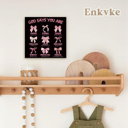 Inspirational Christian Desk Decor, Pink Bow God Says You Are Sign - color: Black-God Says You Are-5x5