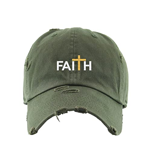 Faith with Cross Vintage Baseball Cap Embroidered Cotton Adjustable Distressed Dad Hat - color: Olive