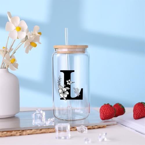 Monogrammed Initial Glass Cup Personalized Gifts for Women 16oz Initial Letter Glass Cups w/Lids Straws Birthday Valentine Mothers Day Gift for Her, L - color: Letter Cup-L
