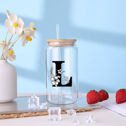 Monogrammed Initial Glass Cup Personalized Gifts for Women 16oz Initial Letter Glass Cups w/Lids Straws Birthday Valentine Mothers Day Gift for Her, L - color: Letter Cup-L