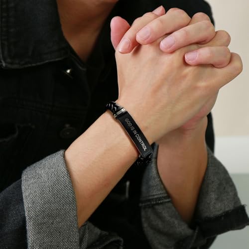 God is in Control Leather Bracelet, Stainless Steel Christian Faith Braided Engraved Bar Bracelets Self Worth Motivation Bracelet Inspirational Friendship Jewelry for Men Women - color: Black