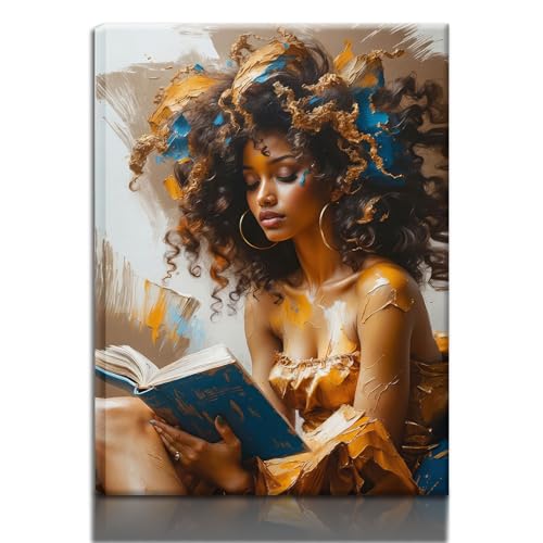 Framed Canvas Wall Art Reading Black Women Painting Print Abstract Poster Gallery Style Modern Figurative Picture 12x16 Inch Ready To Hang - color: Black women, size: 12x16 inch