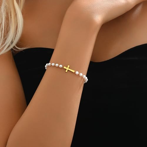 18K Gold Plated Pearl Bracelets for Women Dainty Waterproof - style: Pearl Chain Cross-Gold