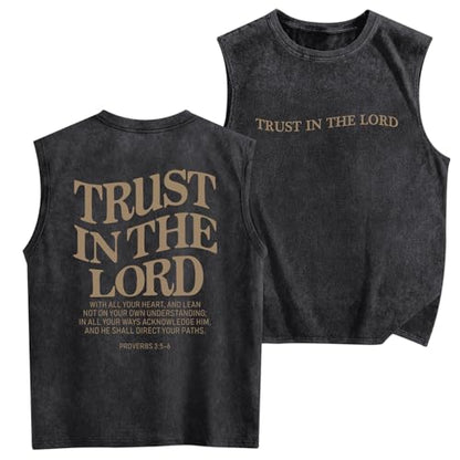 Mens Christian Tank Tops Trust in The Lord God Jesus Religious Faith Bible Verse Shirts Graphic Acid Wash Gym Tees - color: Black, size: Medium