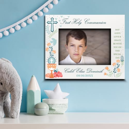 BELLA BUSTA-Personalize My First Holy Communion Theme Picture frame-Cross and Chalice, Religion, Christian Traditions Occasion-UV Print (5x7 Horizontal (Boy)) - color: 5x7 Horizontal (Boy)
