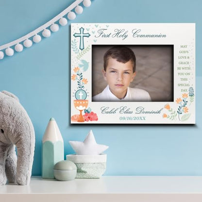 BELLA BUSTA-Personalize My First Holy Communion Theme Picture frame-Cross and Chalice, Religion, Christian Traditions Occasion-UV Print (5x7 Horizontal (Boy)) - color: 5x7 Horizontal (Boy)