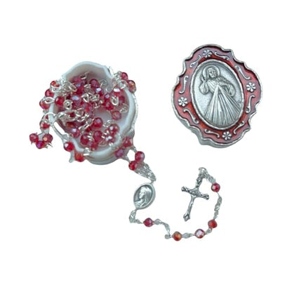 Catholic Silver Linked Rosary Set – 3mm Beads, 14.25" Length, Metal Keepsake Gift Box with Enamel Inlay – Perfect First Communion Gift (Divine Mercy) - color: Divine Mercy