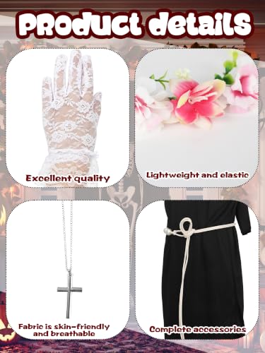 8 Pcs Halloween kids Nun Costume Set with Nun Outfit Hat Belt Gloves Socks Cross Necklace Book and Rose Wreath St Rose of Lima Halloween Nun Outfit for Girls