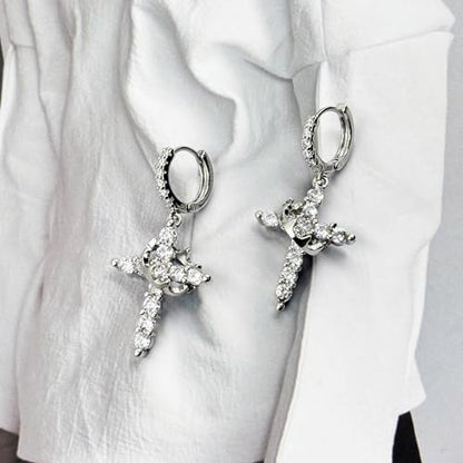 Crown Cross Earrings for Women Gold Cross Hoop Earrings Silver Crystal Crown Huggie Earring Dainty Cute Religious Dangle Earring Trendy Jewelry Accessories - color: silver