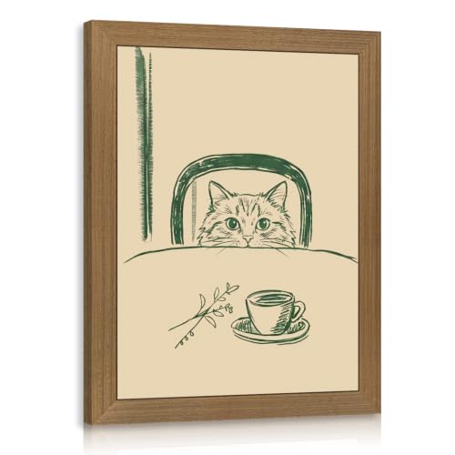 OPFDE Wood Framed Funny Coffee Cat Wall Art, Minimalist Cat Kitchen Poster Print, Mid Century Modern Animal Wall Decor, Cozy Coffee Bar Artwork for Dining Room Office Breakfast Nook 8x10 Inch - color: Cat, size: 10"L x 8"W