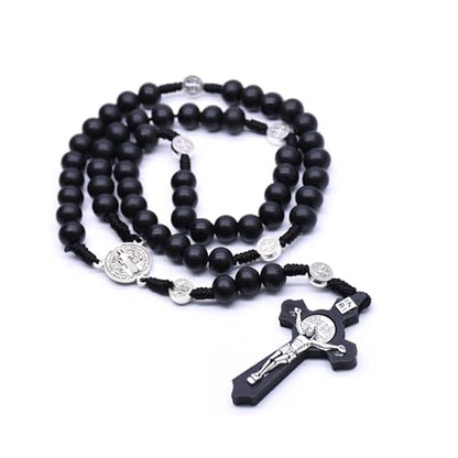 SZQCZB Wooden Rosary Beads Catholic for Men, Saint Benedict Medal and Cross - Comes in Gift Pouch and 18pcs Prayer Cards - color: Black