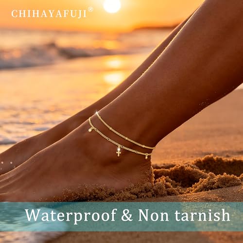 14K Gold/Sterling Silver Plated Ankle Bracelets for Women Waterproof Layered Stackable Sparkly Chain Birthstone Charm Non Tarnish Large Adjustable Birthday Jewelry Gift - color: Gold3