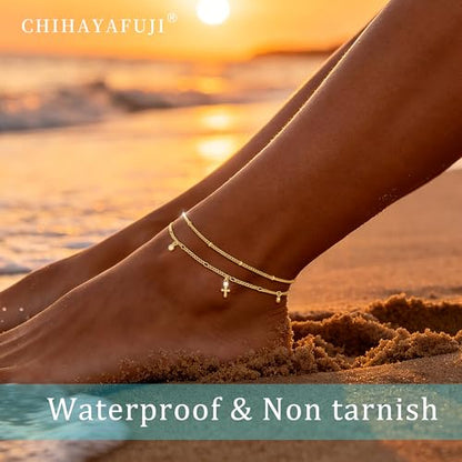 14K Gold/Sterling Silver Plated Ankle Bracelets for Women Waterproof Layered Stackable Sparkly Chain Birthstone Charm Non Tarnish Large Adjustable Birthday Jewelry Gift - color: Gold3