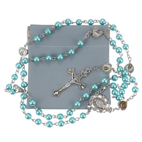 Rosary Beads Catholic, Rosary Necklace with Leather Pouch with Magnetic Top Bag for Men and Women Christian Gifts - color: Blue