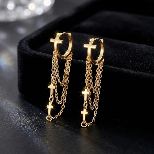 Gold Tassel Chain Hoop Earrings for Women Trendy Cross Evil Eye Dangling Chain Hoop Earrings Huggie Hypoallergenic Fashion Jewelry Gifts