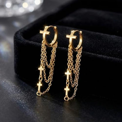 Gold Tassel Chain Hoop Earrings for Women Trendy Cross Evil Eye Dangling Chain Hoop Earrings Huggie Hypoallergenic Fashion Jewelry Gifts