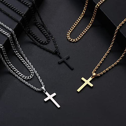 Cross Necklace for Men, Gold Black Silver Mens Cross Necklaces Stainless Steel Cross Pendant Necklace Simple Jewelry Gifts Cross Chain Necklaces for Men - color: Black, style: 16in/18in
