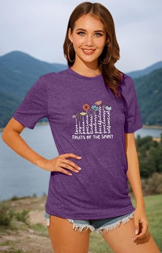Women's Christian Shirt Fruit of The Holy Spirit Flower T-Shirt Inspirational Bible Text Top - color: Z-q6013-purple, size: Medium