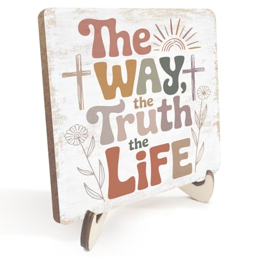 Christian Gifts Desk Decor Rustic Wood Sign, Boho Faith Religious Bible Verse Quotes Decorative Desk Accessories for Home Bedroom Decor Office Accessories Bohemian Floral Table Shelf Wooden Sign - color: WayTruthLife