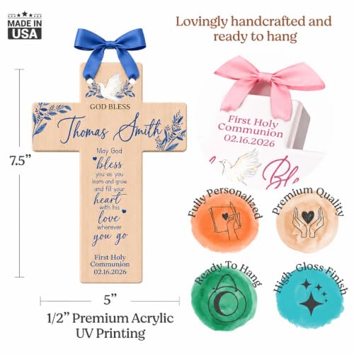 Personalized Wall Cross Catholic Boys First Communion Keepsake | First Holy Communion Gifts | 1st First Holy Communion Gifts for boys catholic | Baby Baptism Gifts Baptism Cross (Patterns) - color: Patterns