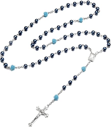 SZQCZB Rosary Beads Catholic Necklace Holy Soil Medal Cross Crucifix with Metal Box and 18pcs Prayer Cards - color: Blue